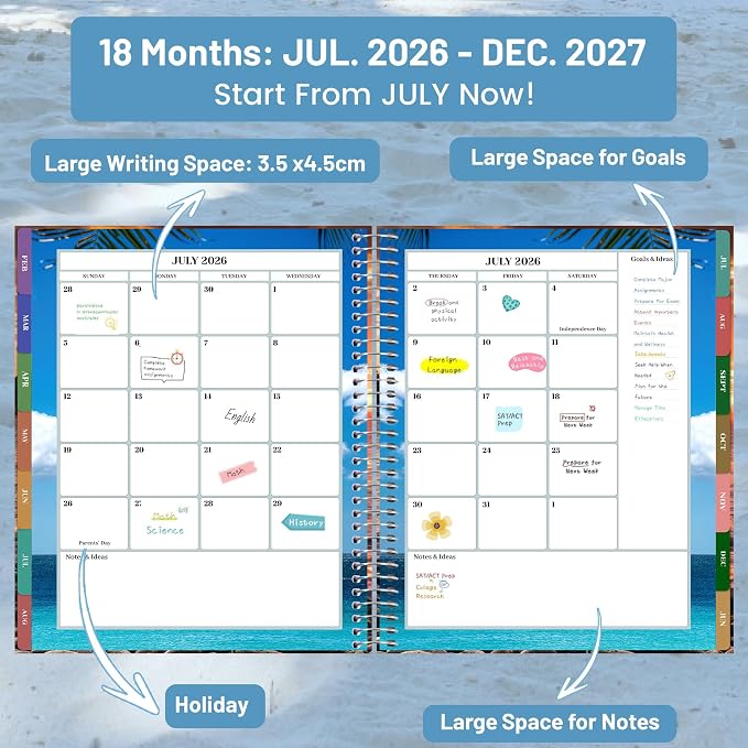 CAGIE Planner 2026-2027 Weekly and Monthly,18 Month (Jul. 26-Dec. 27) Planners Calendar with Hourly Timeslot, 10"x11.5", Large Hardcover Spiral Daily Planner with Tab for Work, Home,Teacher, Blue