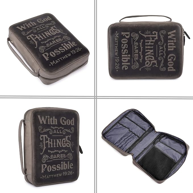 LEATHER VILLAGE Handmade Vintage Genuine Leather Embossed Bible Cover for Men & Women, Large Protective Bible Case & Organizer for Church, Travel & Study Christian Religious Antique Bookmark - Black
