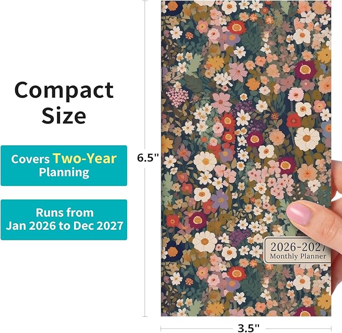 Pocket Calendar 2026-2027 for Purse, Two Year Monthly Planner Pocket Size 6.5" x 3.5", Jan 2026 - Dec 2027 Monthly Planner Small Calendar for School, Work and Home - Garden