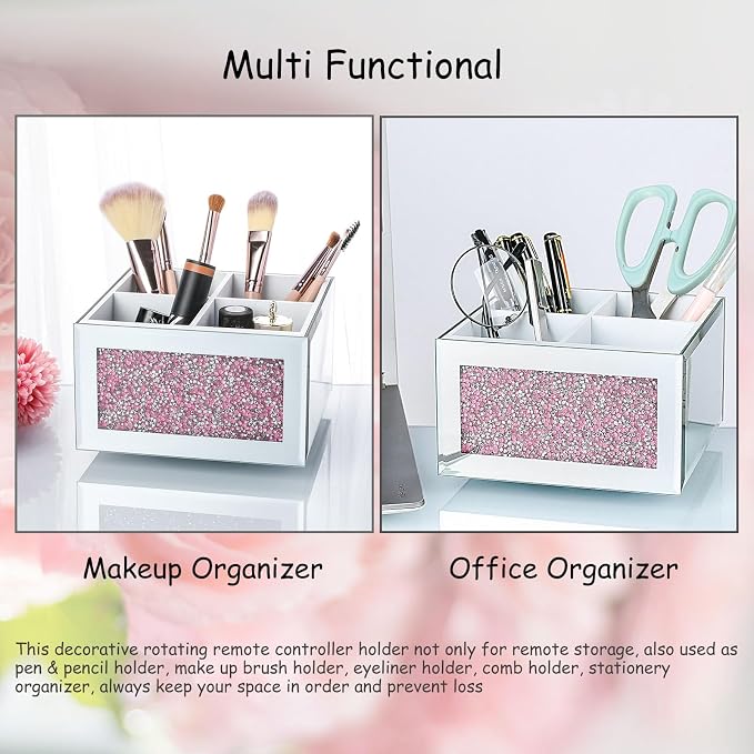 Pink 360 Rotating Remote Control Holder, Crushed Diamond TV Remote Controller Holder for Table, Desk Organizer for Pens and Pencils, Make Up Brushes, Remote Caddy Storage