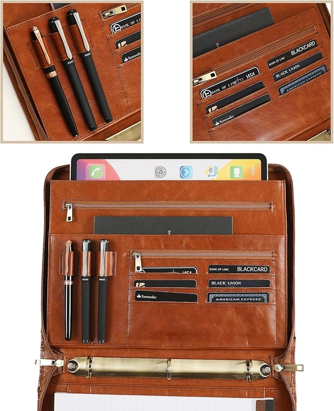 Genuine Leather Portfolio, 3 Ring Binder Padfolio, 11"×14" Padfolio Organizer, Professional Business Portfolio Binder for Men and Women