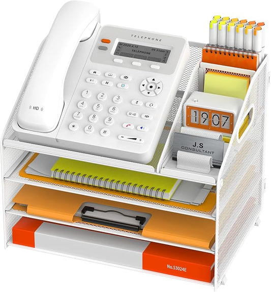 DocNest 4 Tier Metal Mesh Letter Tray - Space Saving Desk File Organizer with Handle, Pen Holder & Folder Holder - Desktop Document Sorter for Office, Home, School, Classroom - White