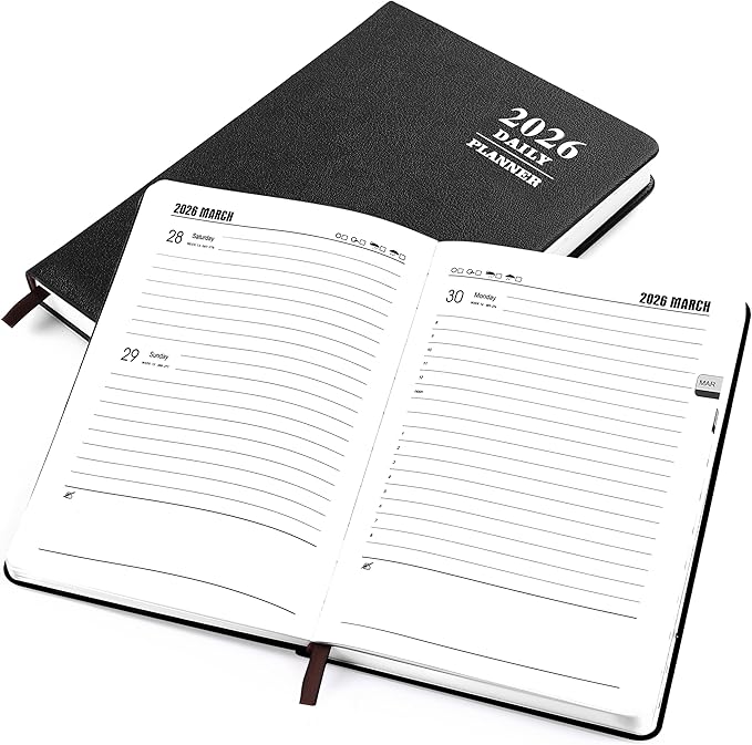 KESOTE 2026 Daily Hourly Planner - One Page a Day, 2026 Diary 5.7 x 8.3" Hardcover Monthly Agenda 12 Month A5 College Notebook Planner, Black