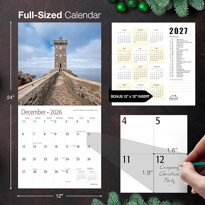 MICASA PRESS Lighthouses 2026 Wall Calendar 12 Month | 12" x 24" Open | Thick & Sturdy Paper | Giftable | Travel Calendar 2026