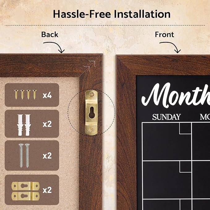 DOLLAR BOSS Chalkboard Calendar Corkboard Combo, 24" x 18" Magnetic Chalk Board Monthly Planner & Natural Cork Bulletin Rustic Wood Frame for Office Home School with 4 Markers, 8 Magnets, 10 Pins