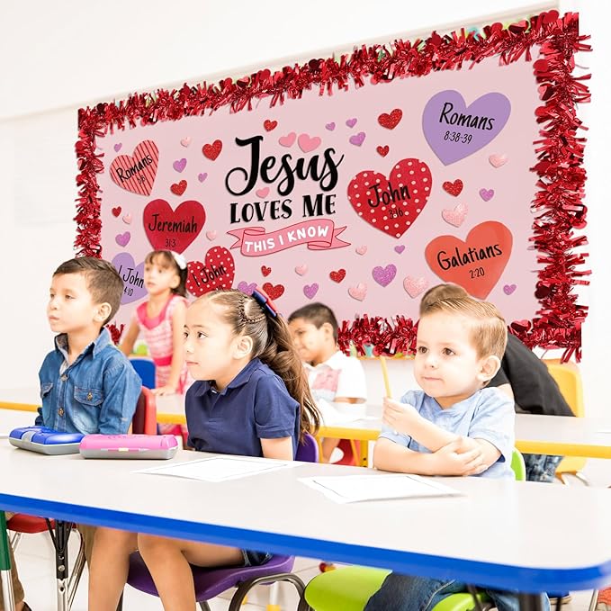 Fuutreo 57 Pcs Easter Christian Bulletin Board Set Religious Jesus Loves Me This I Know Heart Cutouts with Tinsel Twist Garland for Sunday School Classroom Decor