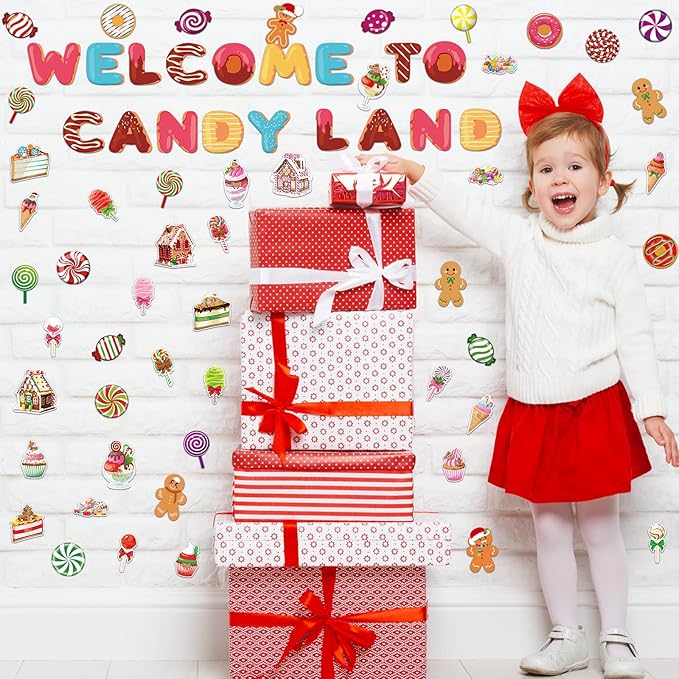 Marspark 68 Pcs Candy Land Decoration Christmas Bulletin Border Decoration Welcome to Candy Land Decor Donut Peppermint Round Gingerbread Man House Cutouts for Classroom Wall Decor