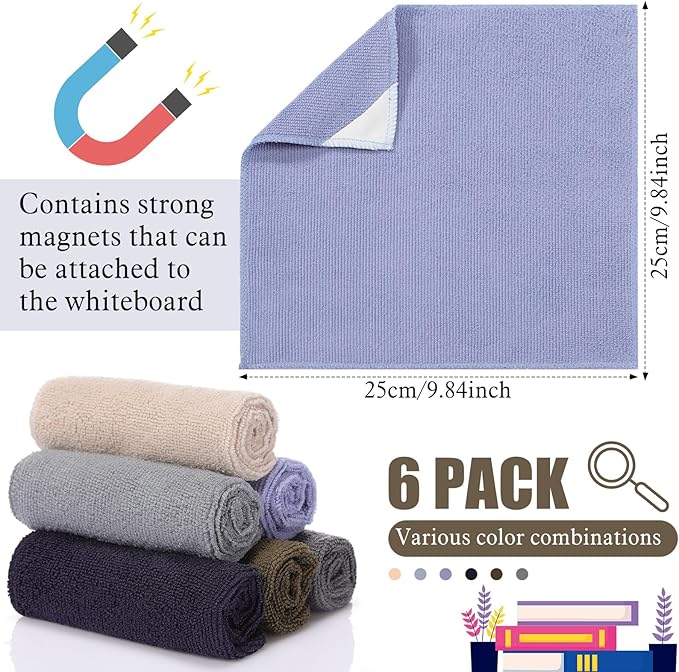 Fanfanwin 6 Pack Magnetic Microfiber Cleaning Cloth, Colorful Whiteboard Dry Erase, Magnetism Whiteboard Eraser for Blackboards Classroom Chalkboards Washable Home Office 10'' x 10''(Dark Color)