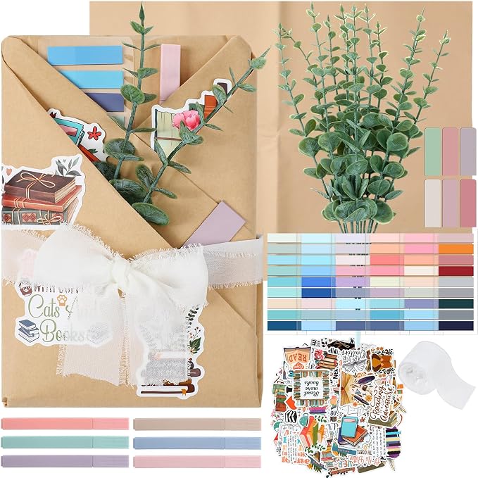 Marspark 6 Set Blind Date with a Book Gift Box Supplies Book Club Lovers Gifts Bulk Including Magnetic Bookmarks Stickers Tags Flowers Bookish Librarian Readers Present for Women Men(Eucalyptus)
