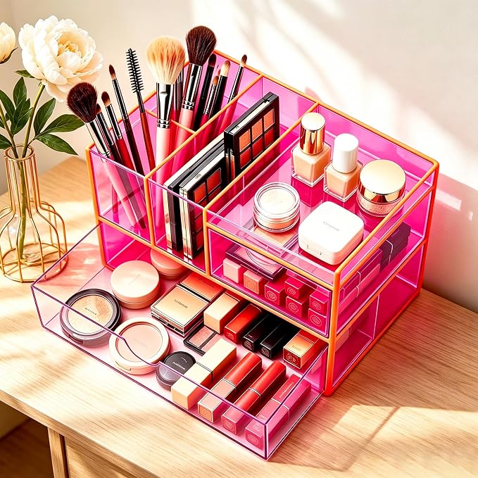 Desk Organizer with Drawers Acrylic Desktop Organizer Pen Holder Caddy for Office Supplies Makeup Organizer for Vanity, Neon Pink