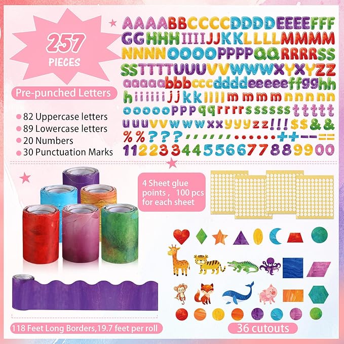 Kosiz Art Oil Painting Bulletin Board Decoration Set 118 ft Scalloped Bulletin Board Borders Classroom Poster Border Trim with 257 Pcs Letter Number Symbol Cutout for School Decor