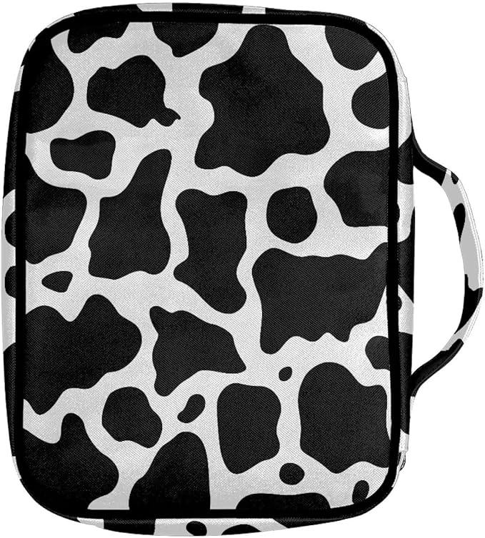 Suobstales Cow Print Bible Cover Carrying Book Case for Women Girls Black White Animal Pattern Bible Bag Bible Protective with Handle and Zippered Pocket