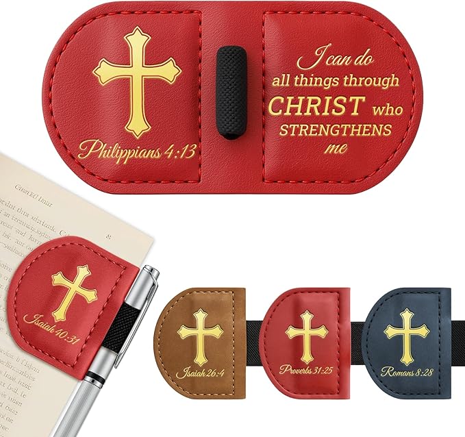 Personalized Magnetic Leather Bookmark with Pen Holder - Bygone Mark Custom Bible Verse Bookmarker,Book Marker for Men & Women,Book Lovers,Readers,Church(Red,Philippians 4:13)