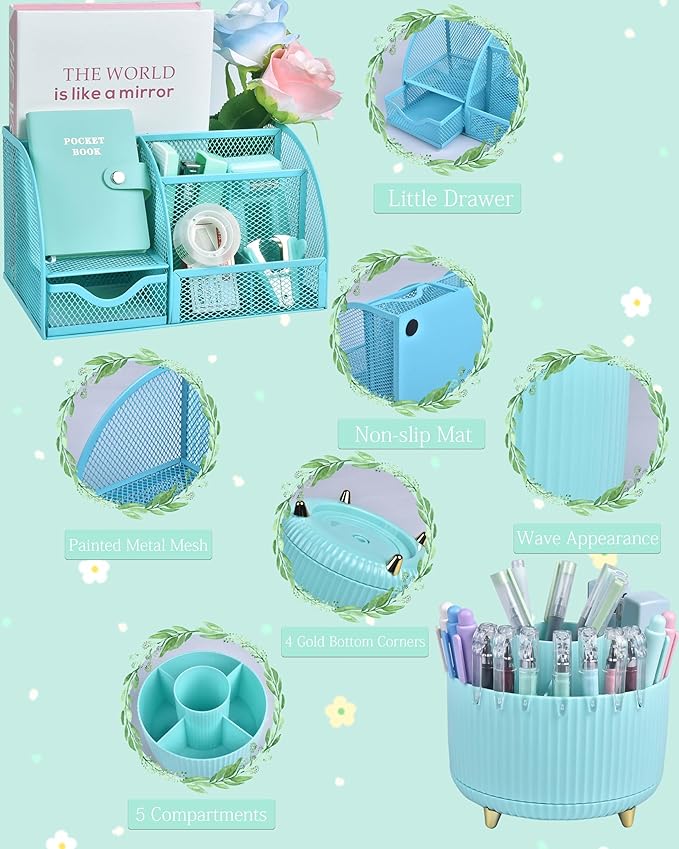 LXEVIHK 21Pcs Green and Blue Desk Organizers and Accessories With Mesh Desk Organizer and 360°Rotating Pen Holder and a Lot of Office Green Office Supplies Beautifully Presented in a Gift Box
