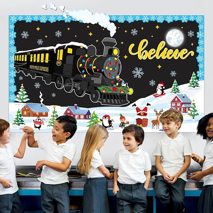 Christmas Train Bulletin Board Decorations Polar Train Express Classroom Decoration North Pole Express Winter Bulletin Board Xmas Believe Polar Golden Tickets Cutout for Winter Holiday Office Supplies