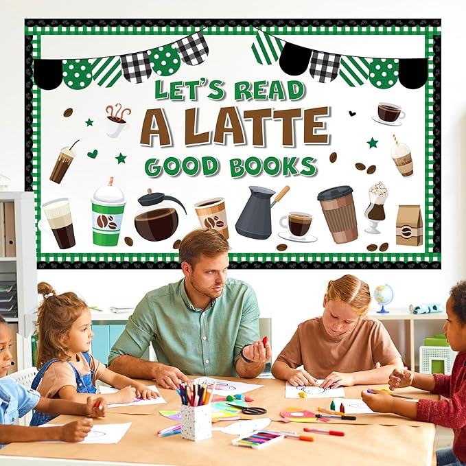 QOUBAI Coffee Bulletin Board Set Coffee Cup Classroom Decoration Latte Paper Cutouts Green Coffeehouse Crafts Teacher's Helper Charts for Back to School Nursery Chalkboard Reading Decor Wall Door