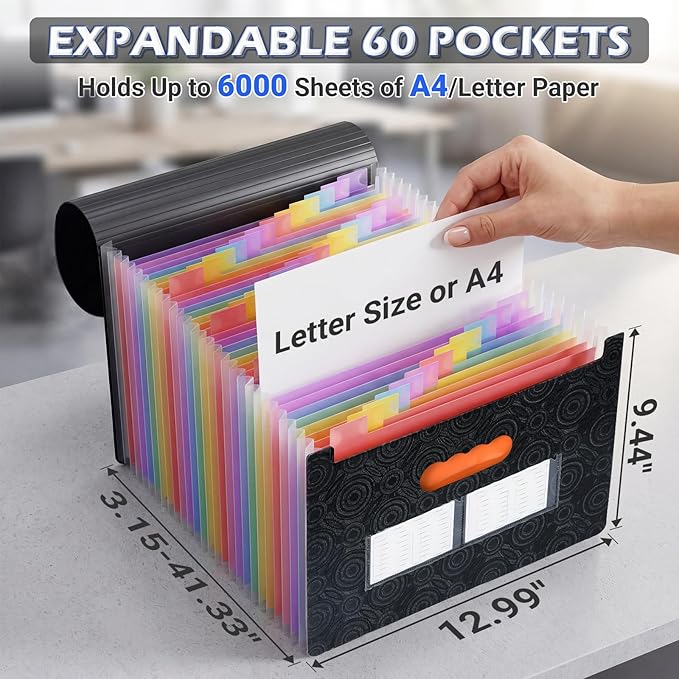 AFMAT Accordion File Organizer, 60 Pockets Expanding File Folder w/Labels, Expandable Letter/A4 Size File Folder for Bill Tax Receipt, Portable File Organizer for Home Office School AF11BK