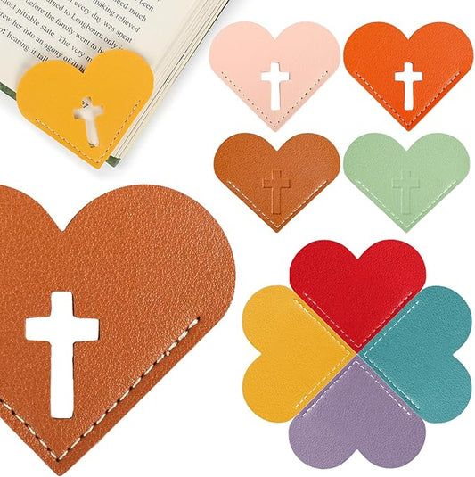 8 Pcs Leather Heart Bookmarks with Cross Design, Christian Gifts for Women, Book Accessories and Gifts for Church or Book Club(Cut-Out)