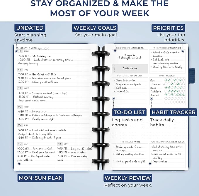 Clever Fox Disc-Bound Weekly Planner – Undated Monthly Notebook with Habit Tracker, Productivity Journal – Life, Work & Goal Organizer, 6.5 x 8.4" (Dark Blue)