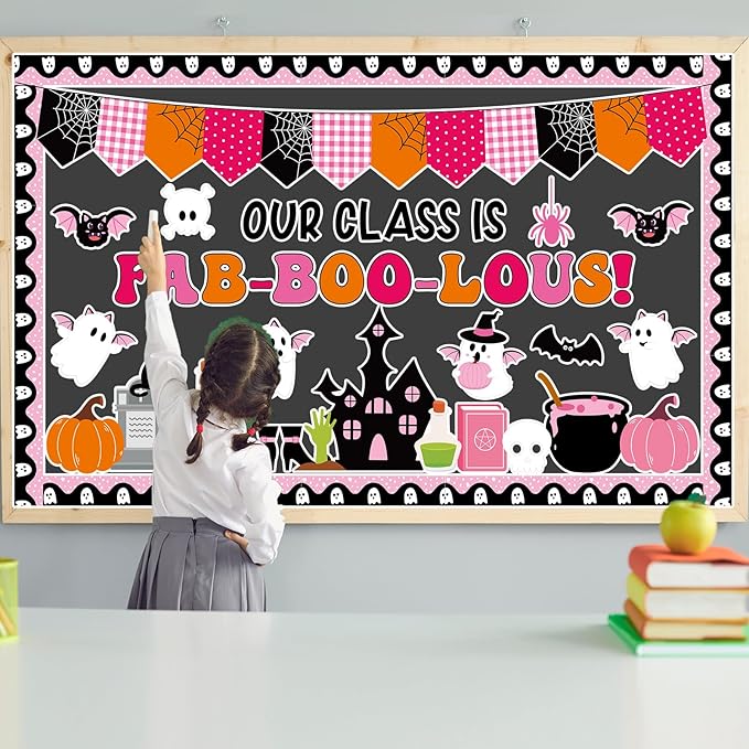 Halloween Classroom Bulletin Board Decoration Halloween Ghost Bulletin Board Set Decor Pink Black Ghost Boo Spider Cutouts Bat Castle Classroom Decoration for School Home Wall Party Decor
