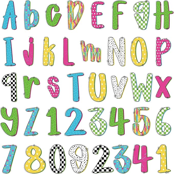 Gueevin 219 Pcs Bulletin Board Letters Set Large 4 Inch Doodle Alphabet Cutout Letter Bow Cut Out Letters Alphabet Numbers Cutouts for Classroom Back to School Party Supplies Photo Booth Props