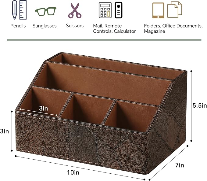PU Leather Desktop Organizer, Home Luxury Remote Control Holder, Office Desk Accessory and Nightstand Storage Box, Vintage Style, Suitable for Living Room Tabletops (Brown Vintage)