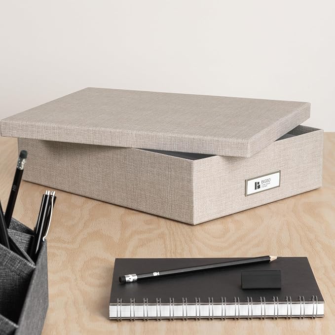 Bigso Oskar Fiberboard Label Frame Document Letter Box for Important Paperwork A4 or Letter Size - Durable Keepsake Box with Lid and Metal Label Holder - 3.3in x 10.2in x 13.8in - Melange Beige