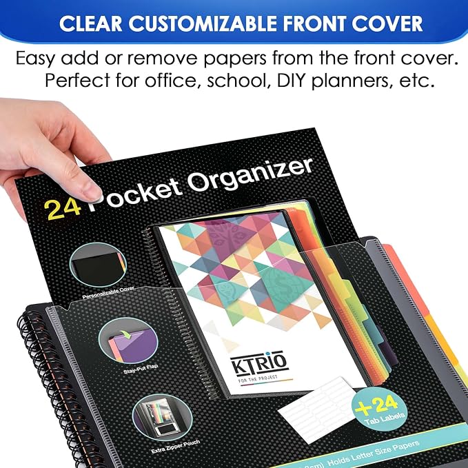 KTRIO 24 Pocket Project Organizer, Letter Size Spiral Binder,Black | 24 Pocket Storage,Letter Size Fit,Water-Resistant Poly,Zip Pouch Included,Writable Color Tabs