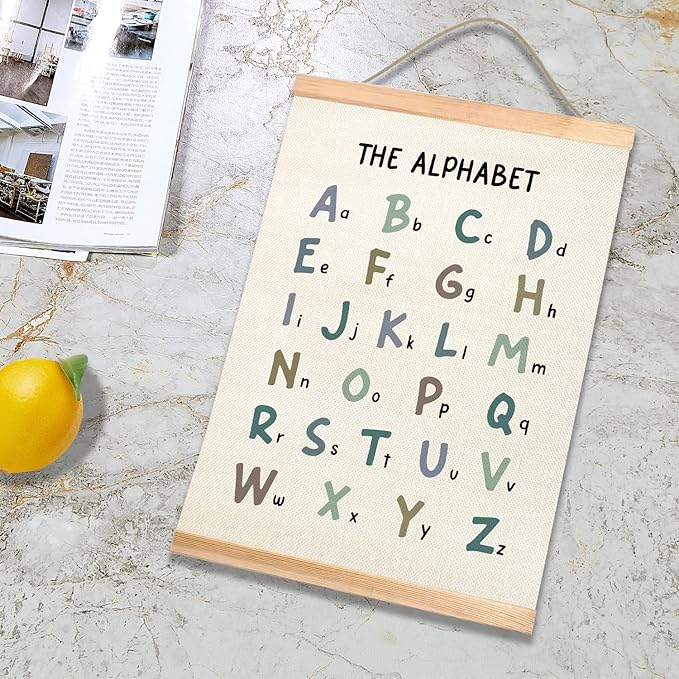 HEYJEEPER Alphabet and Numbers Learning Posters Set of 2,18.5x14 Inch Linen&Canvas Educational Wall Art with Wood Hanger, ABC 123 Chart for Toddlers Classroom Nursery Playroom Decor (Colored Font)