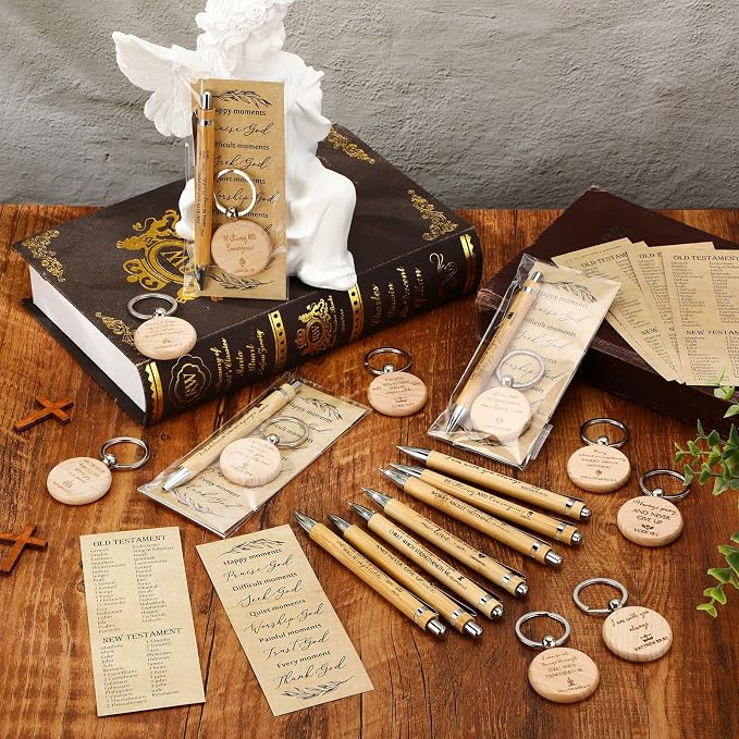 Lincia 30 Sets Christian Father's Day Birthday Gifts Bulk, Bible Verse Bookmarks Keychains with Bamboo Pens Religious Church Gifts Bulk for Men Ministry Bible Study Pastor Appreciation Church Events