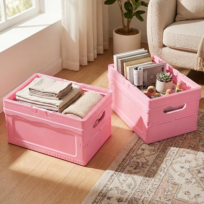 2 Pcs Pastel Plastic Collapsible Storage Crates with Lids and Handle Collapsible Picnic Basket Stackable Storage Bins Cute Foldable Container for Home Kitchen Office Bathroom(Pink)