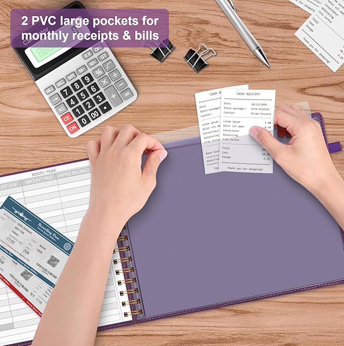 HAUTOCO Hardcover Bill Tracker Notebook Horizontal Monthly Bill Payment Organizer for Personal Budgeting Home Finance with 2 Storage Pocket Expense Checklist Tracking Planner 10.78 x 8'', Deep Purple