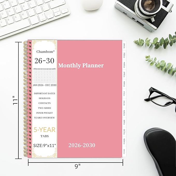 2026-2030 Monthly Planner 5 Year Monthly Planner/Calendar 2026-2030, Jan 2026 – Dec 2030, 9" x 11", Tabs, Double-Side Pocket, Holidays, Thick Paper - Pink