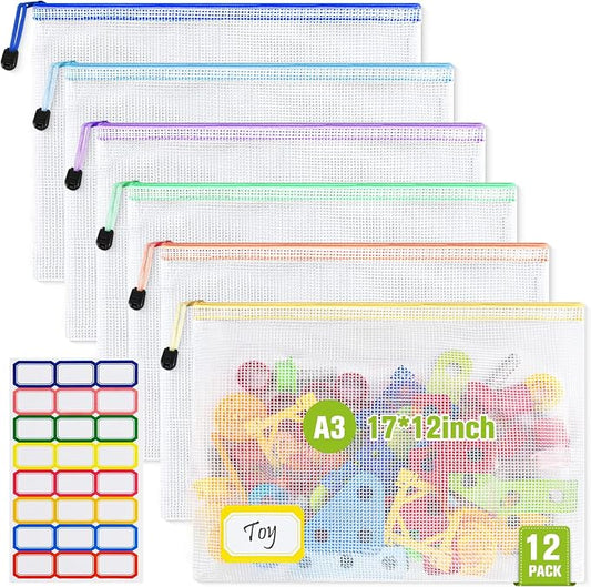 Mesh Zipper Pouch Bags: Clear Zipper Pouches for Classroom, Plastic Mesh Bag for Board Game Puzzles Storage, A3 Waterproof Organizing Pouch for School and Office Supplies (17 x 12Inch, 6PCS, 6 Color)