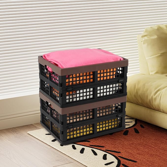 Set of 3 Plastic Collapsible Storage Crate, 15 L Stackable Folding Storage Crates with Handles, Foldable Shelf Storage Baskets