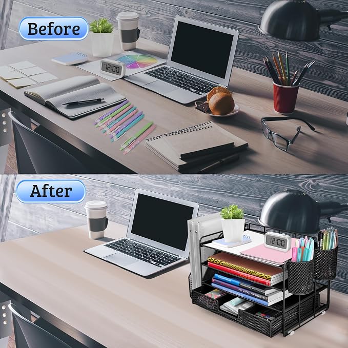 ATOMUS 4 Tier Desk Organizer, File Organizer Drawer Organizer with 2 Hanging Pen Holders Accessories & Workspace Organizers for Office Supplies Pull-Out Design (Black)