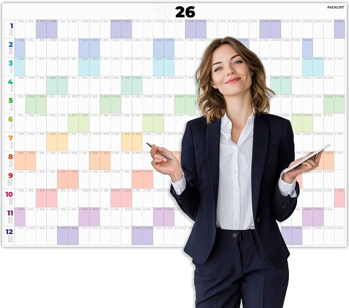 PACKLIST® 2026 Yearly Wall Calendar – Large 33" x 24" Full Year Poster Planner – Extra-Thick 170 GSM Paper – 12-Month Annual Organizer for Family, Office & Academic Planning – Plastic-Free
