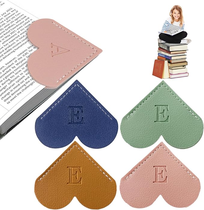 4Pcs Personalized Leather Heart Bookmark With Initial, 26 Letters Custom Corner Page Book Mark For Reading Women, Book Lovers, Teachers, Students, Cute Book Accessories(Blue+Green+Light Brown+Pink, E)