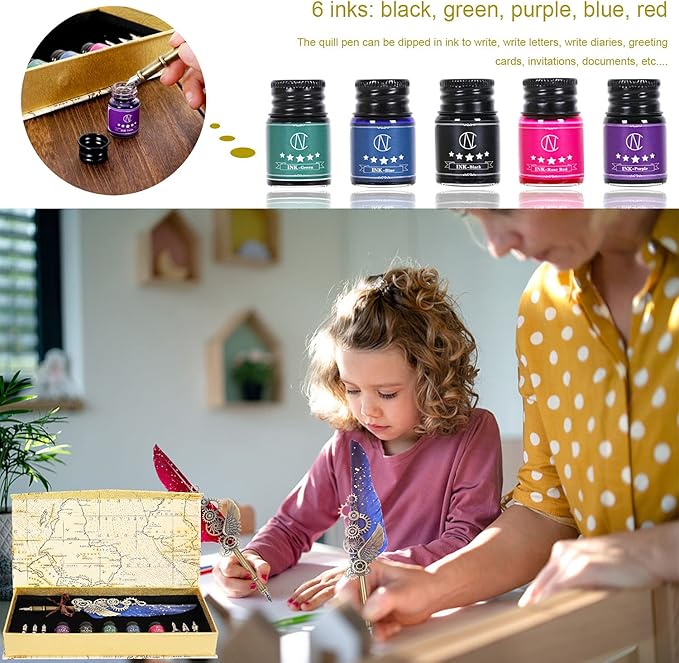 NC Feather Pen Ink Set, Quill Pen Includes 5 Bottles of Ink and 6 Replaceable Nibs, Mechanical Quill Pen for Writing, Letters, Diary, Signing, Invitations (Navy Blue)