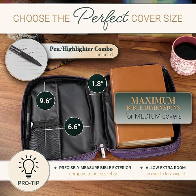 Christian Art Gifts Inspirational Vegan Leather Two-fold Organizer Bible Cover for Women, Jesus Fish Badge, Sturdy Carry Handle, Pen Loops, Pockets, Pen/Highlighter Combo & Notepad, Purple, Medium