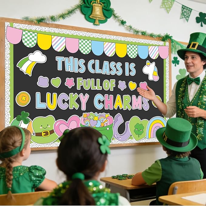 St. Patrick's Day Bulletin Board Decoration Lucky Shamrock Clover Rainbow Gold Coin Irish Clover Cutouts March Classroom Bulletin Board Set for School Chalkboard Wall Door Decoration Favor