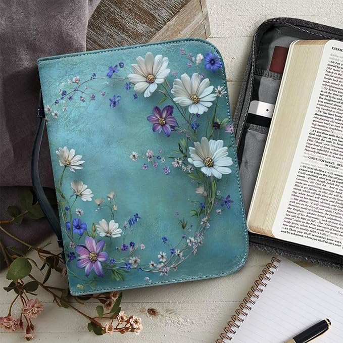 Leather Green Bible Covers for Women Ladies,Purple Blue and White Daisy Bible Bag with Handle for Standard Size Study Bible Case for Girls,Small