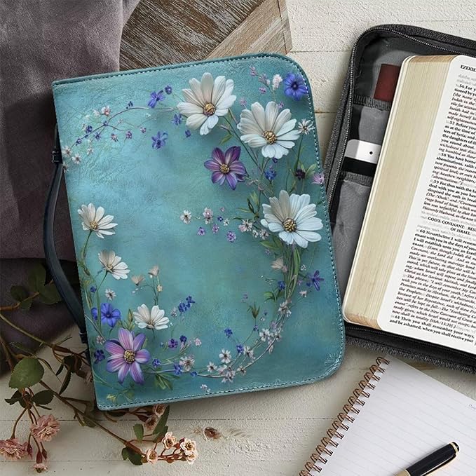 Leather Bible Covers for Women with Bookmark Green Bible Carrying Book Case Church Bag Bible Protective,Daisy Chain,Medium
