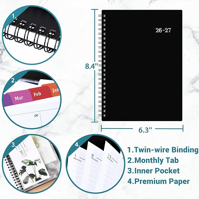 Planner 2026-2027 - Academic Planner 2026-2027, July 2026 - June 2027, 6.3" x 8.4", 26-27 Planner Weekly and Monthly, Colorful Tabs, PP Cover, A5 Thick Paper, Twin-Wire Binding - Black