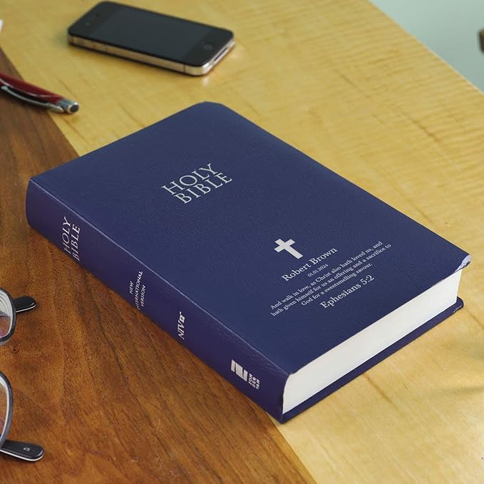 Personalized NIV Bible New International Version SMALL Text/Print Simple Economy Bible with Custom Name and Scripture, Jesus Words in Red Gift for Christian & Religious Events, Blue