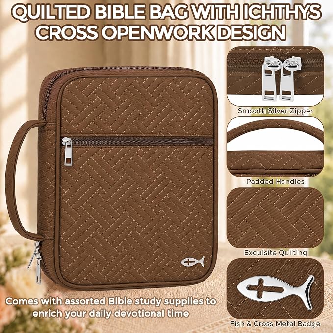 XKDOUS Bible Cover Case for Women, Large Bible Cover with Durable Handle, Washable Quilted Bible Case, Bible Study Supplies & Christian Gifts for Mom, Women, Men (Brown)