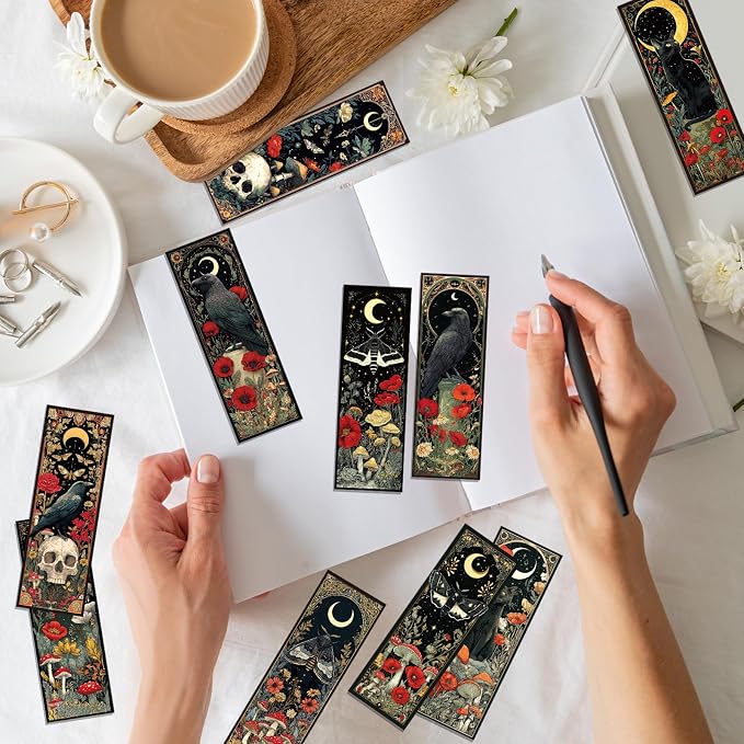 Wxiben Fantasy Bookmarks Gifts for Women - 100 Pcs Mystical Black Cat Moon Bookmark Dark Academia Book Mark Mushrooms Witchy Skull Flower Page Marker Clip for for Book Lovers Bookworms Bookish