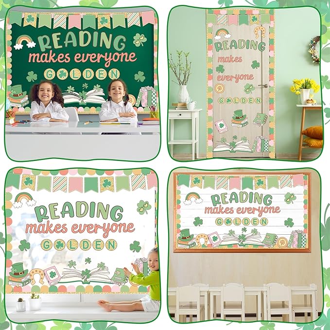 St. Patrick's Day Reading Bulletin Board Motivational Reading Bulletin Board Decor Lucky Shamrock Rainbow Gold Coin Paper Cutouts for St. Patrick Party Supplies Classroom Library Inspirational Decor