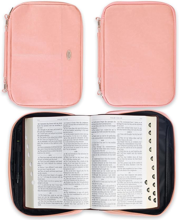 Christian Art Gifts Inspirational Vegan Leather Two-fold Organizer Bible Cover for Women, Jesus Fish Badge, Sturdy Carry Handle, Pen Loops, Pockets, Pen/Highlighter Combo & Notepad, Pink, Large