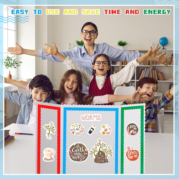 Henoyso 100 Pcs Science Fair Board Supplies Back to School Include 80 Trim Scalloped Bulletin Borders 20 Project Printable Adhesive Paper for Classroom Office Display(Red, Yellow, Blue, Green)